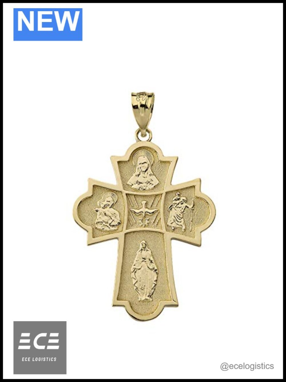 Solid 14k Yellow Gold Holy Spirit 4-Way Cross Medal Pendant